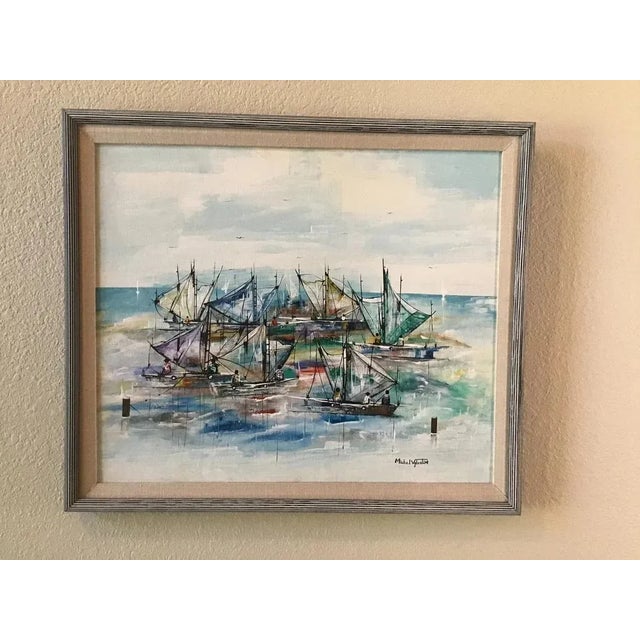 1980s Original Haitian Sailboats Oil Painting by Michel Valestin For Sale - Image 11 of 11
