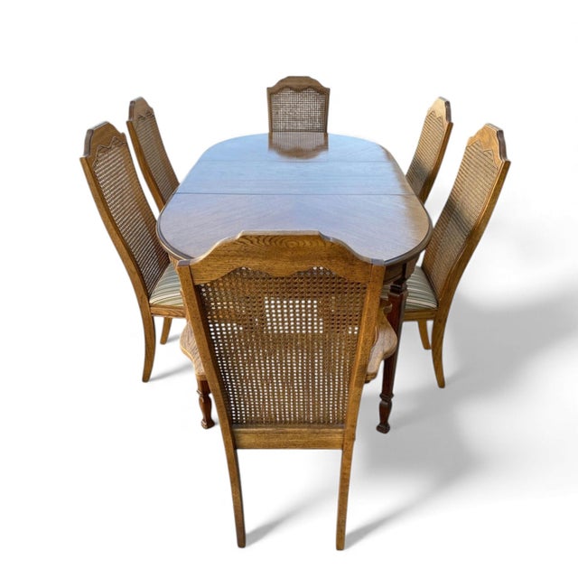 Late 20th Century Oak and Cane Dining Set With Oval Extending Table and Six Chairs For Sale - Image 4 of 13