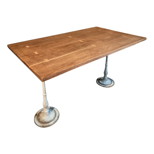 Vintage French Table with Oak Top & Cast Iron Legs For Sale