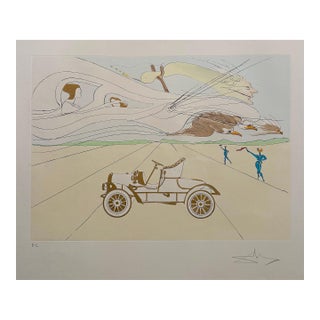 Salvador Dalí, Surrealist Etching Engraving Pochoir l'Automobile Da Vinci Hommage For Sale
