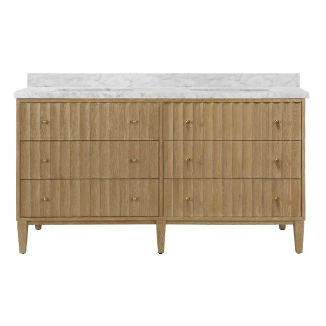 2020s Matthew Izzo Home Odin 60" Fluted Cerused Oak, Four Drawer, Double Sink Bathroom Vanity - Carrara Marble Top, Porcelain Sinks, Brass Hardware For Sale - Image 5 of 5