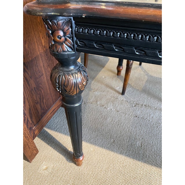 Ebony A Solid Hardwood Old Hickory Game Table Featuring a Western Motif, Highlighted by Nail Trim, Fluted Legs, and an Intricately Carved Apron For Sale - Image 8 of 11