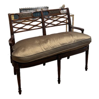 Elegant Vintage Mahogany Lattice-Back Settee With Silk Upholstery For Sale