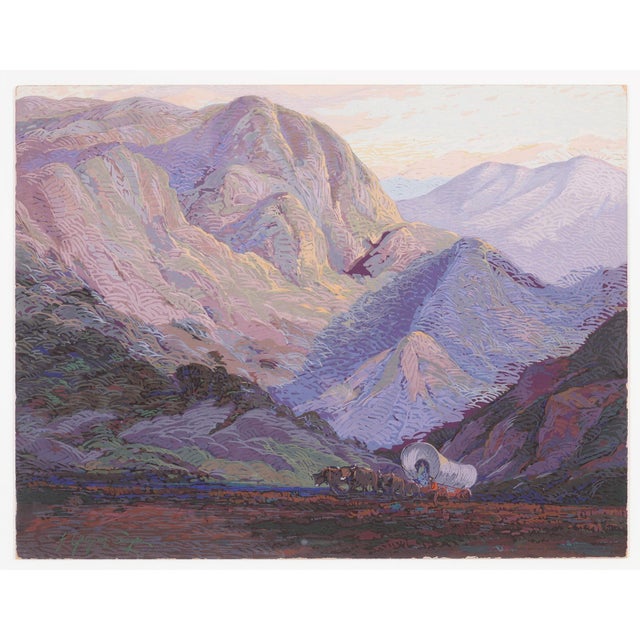 American Impressionist Western landscape titled: “The Covered Wagon." Tonge serigraph on paper and archival float mounted...