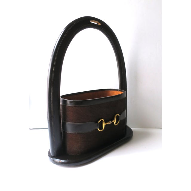 Gucci Attrib. Italian Leather Brass Bit Magazine Mail Holder For Sale - Image 9 of 12