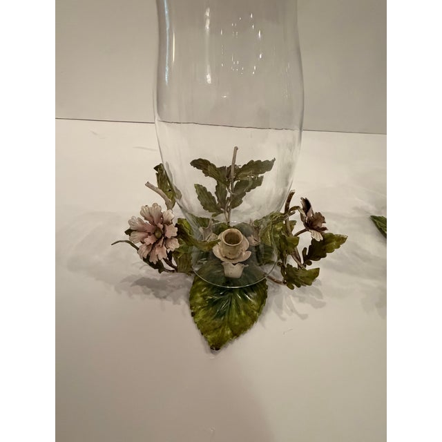 1960s Vintage Italian Painted Tole & Glass Candle Hurricanes -a Pair For Sale - Image 5 of 10