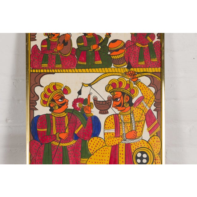 Metal Antique Hand Painted Indian Folk Art Musicians & Archers Painting For Sale - Image 7 of 12