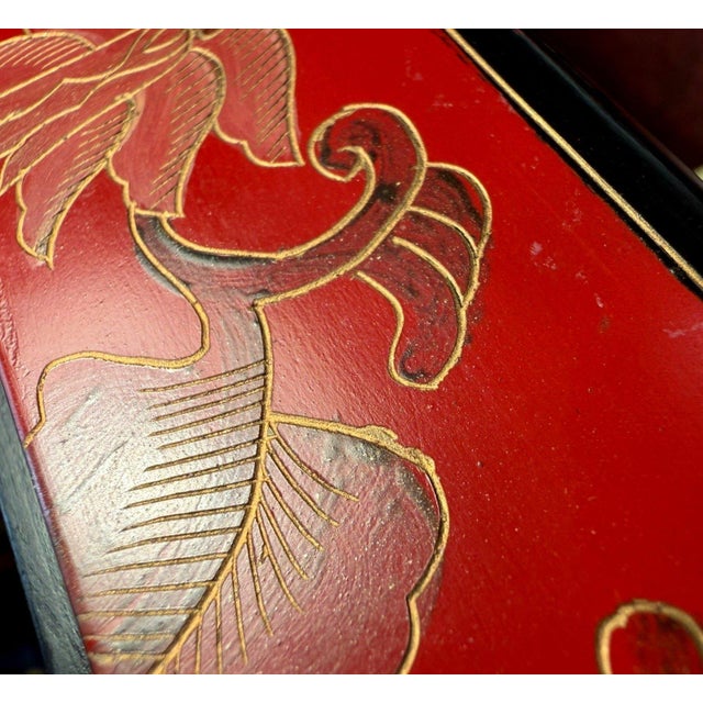 Antique Chinese Red Lacquer Box Porcelain Plaque Metal Inlay C1920 For Sale - Image 17 of 18