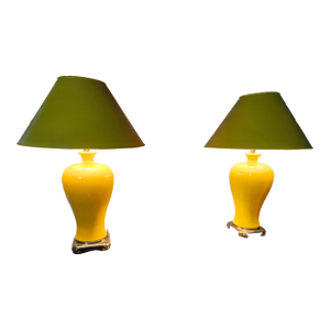 1960s Mid-Century Modern Chrome Yellow Pottery Table Lamps - a Pair