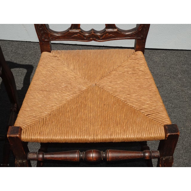 Pair of Antique French Provincial Style Ornate Carved Rush Seat Side Chairs For Sale - Image 10 of 17