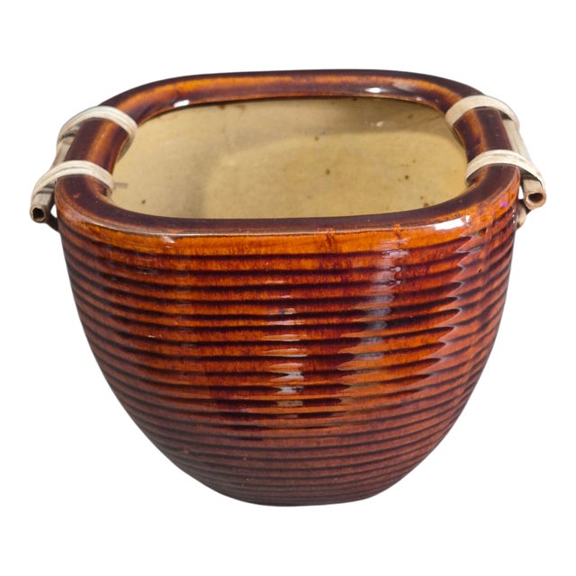 Vintage Asian Glazed Pottery Bamboo Handle Jardinière Planter For Sale - Image 6 of 6
