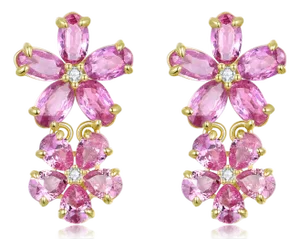 A Pair of Nina Zhou 4.92ctw Pink Sapphire Diamond Double Blossom Drop Earrings in 14k Gold