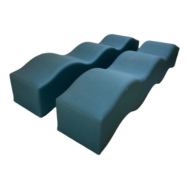 Late 20th Century Postmodern Ripple Wave Benches by Laurinda Spear in Cerulean Textured Fabric - A Pair For Sale