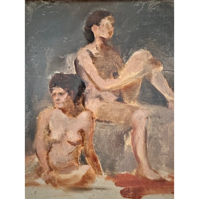 Two figures rendered in loose, painterly strokes against a deep charcoal-grey ground, the brushwork rough and unfinished-...
