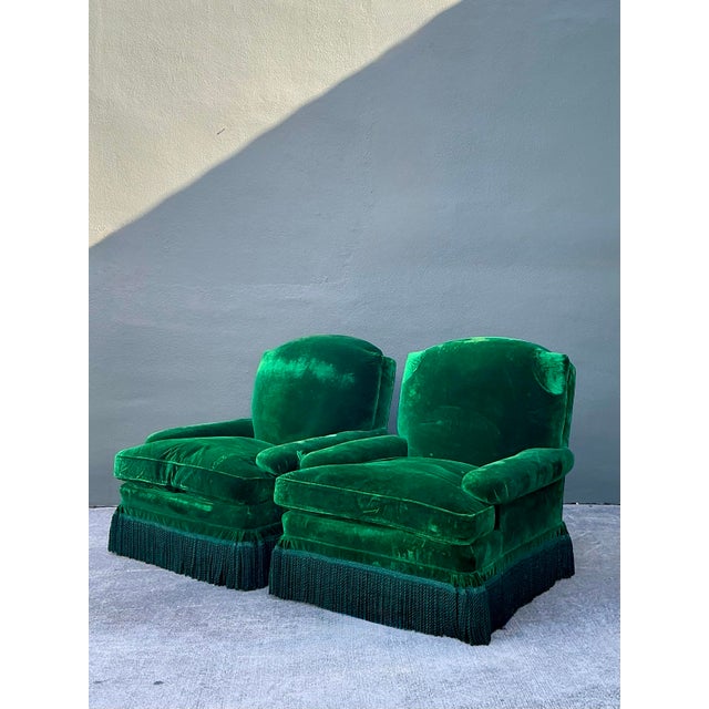 Wood Vintage Emerald Velvet Lounge Chairs - A Pair For Sale - Image 7 of 12