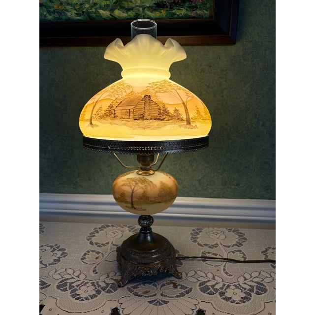 Fenton Log Cabin Hurricane Lamp Hand Painted on Custard Glass For Sale - Image 14 of 14