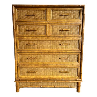 Mid Century Boho Faux Bamboo Wicker Highboy Dresser by American of Martinsville For Sale