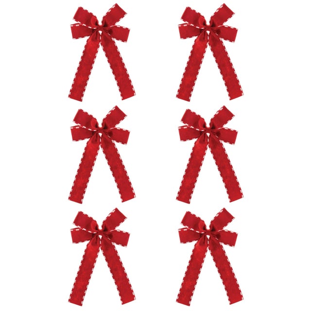 Kenneth Ludwig Chicago Striped Edge Bow Ornament (Set of 6) For Sale - Image 4 of 4