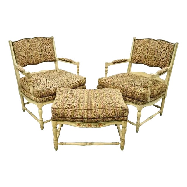 Mid 20th Century Vintage French Country Cream Distress Painted Lounge Arm Chairs & Ottoman - 3 Pieces For Sale
