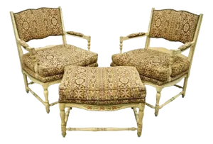 Mid 20th Century Vintage French Country Cream Distress Painted Lounge Arm Chairs & Ottoman - 3 Pieces