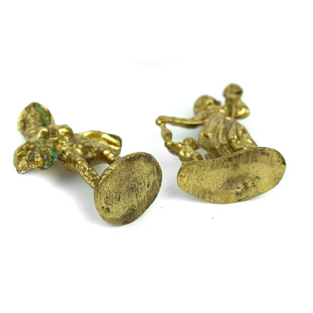 Antique Finished Brass Bagpipe Player and Maiden With Distaff and Cat Figurines - Set of 2 For Sale - Image 6 of 6