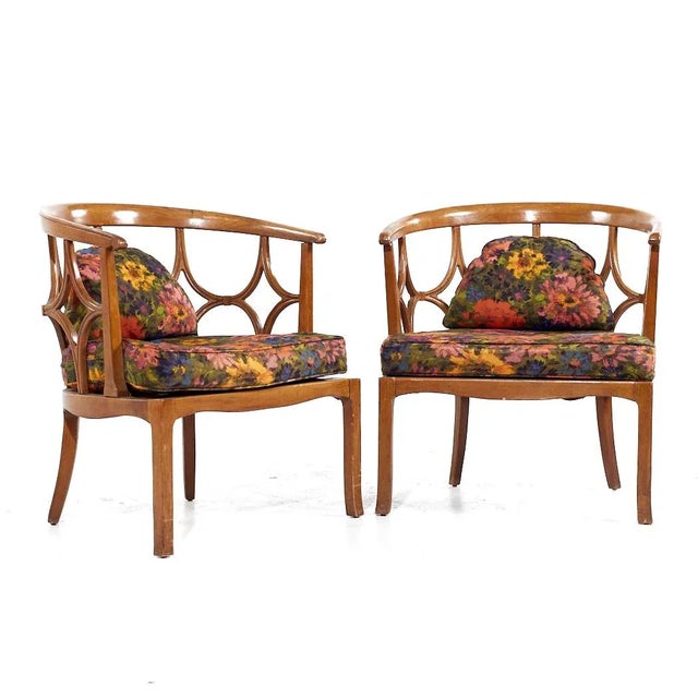 Billy Haines Mid Century Fruitwood Barrel Back Lounge Chairs - Pair Each lounge chair measures: 25.5 wide x 24 deep x 29...