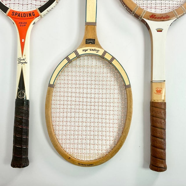 Mid 20th Century Vintage Mid-Century Americana Boho Chic Wood Tennis Rackets - Set of 3 For Sale - Image 5 of 13