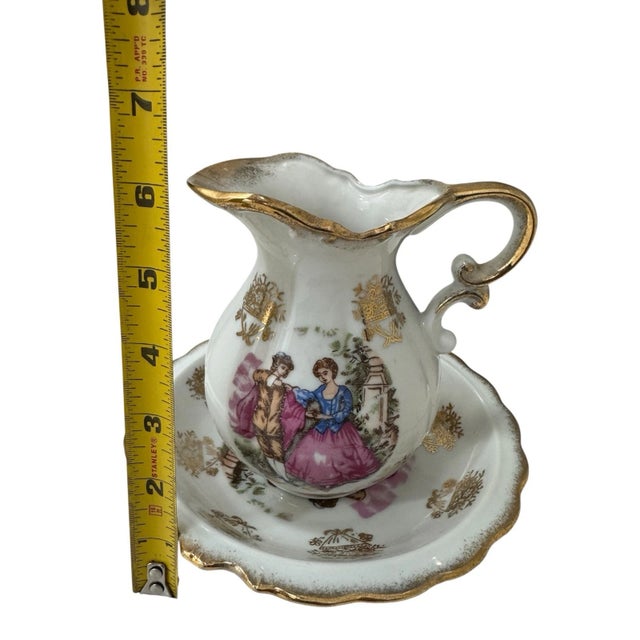 Vintage Japan Creamer and Saucer Courting Couple Victorian Scene Gold Gilt For Sale - Image 13 of 13