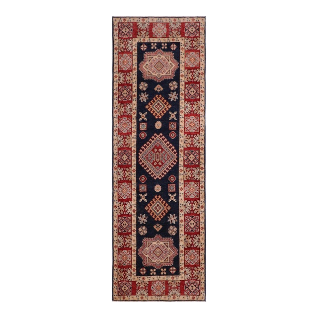 Southwestern Kazak Blue/Red Wool Runner Rug- 2'6''x9'7'' For Sale