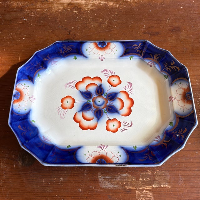 Antique Gaudy Welsh Crescent Pinwheel Flow Blue Large Platter, Circa 1840s For Sale - Image 9 of 12