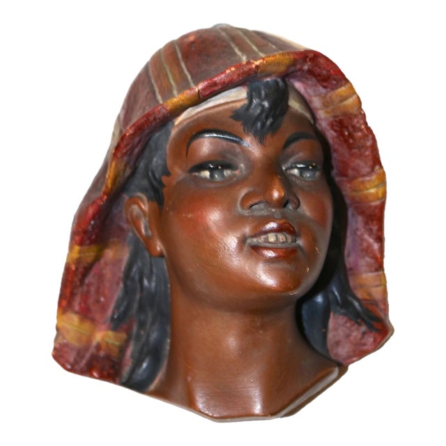 Antique Painted Plaster Black Americana Lady Nubian Relief Wall Sculpture Figure For Sale