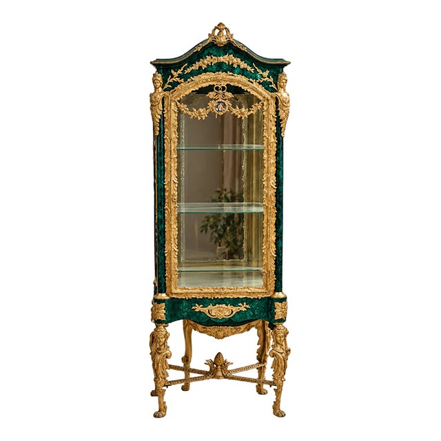Grand Green French-Style Display Vitrine – Gold Leaf Ornamentation, Tufted Interior & Glass Shelving For Sale