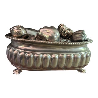 Large Antique French Silver-Finished Repoussé Jardiniere – 23" – Pumpkins & Gourds Motif For Sale