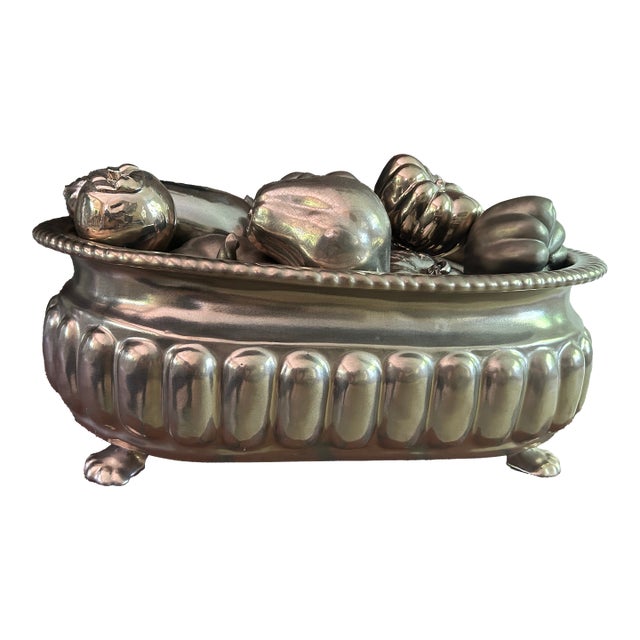 Large Antique French Silver-Finished Repoussé Jardiniere – 23" – Pumpkins & Gourds Motif For Sale