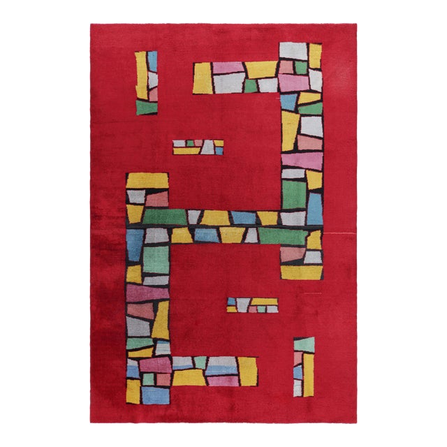 Vintage Zeki Müren Rug in Red With Colorful Geometric Patterns, From Rug & Kilim For Sale