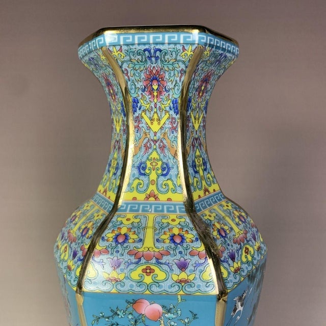 Mid 20th Century Striking Turquoise-Ground Famille Rose Hexagonal Porcelain Vase With Bird & Floral Motifs For Sale In New York - Image 6 of 7