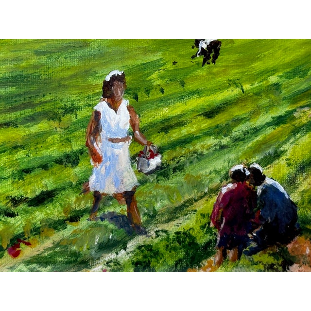 Green British 20th Century Landscape Oil Painting, Strawberry Pickers Harvesting in West Sussex South Downs For Sale - Image 8 of 18