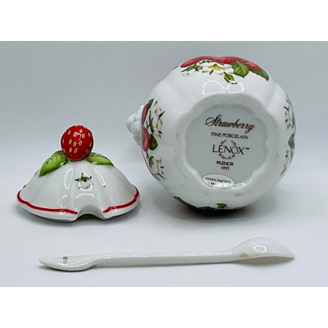 1980s Lenox “Orchard” Porcelain Jam & Jelly Jar Set — 6 Jars With Lids, Spoons & Wooden Two-Tier Caddy For Sale - Image 14 of 17