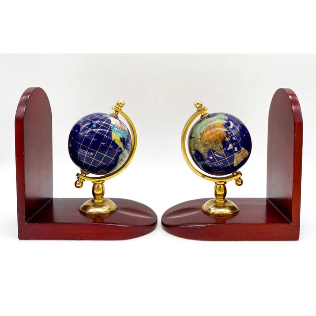 Vintage Semi-Precious Stone Globes on Wood Bookends- A Pair For Sale - Image 10 of 10