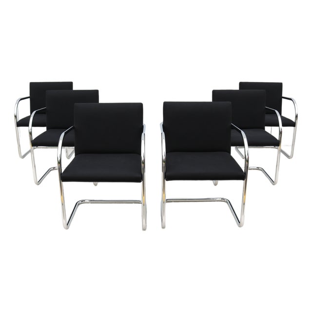 Ludwig Mies Van Der Rohe Brno Tubular Chairs in Black Fabric by Gordon - Set of 6 For Sale