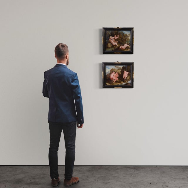 Unknown, Bacchanal of Cherubs and Satyrs, 1680, Oil & Glass, Set of 2 For Sale - Image 6 of 16