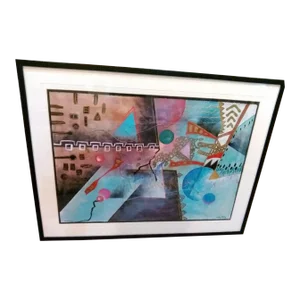 Large Marlene Healey Abstract Contemporary Mixed Media Blue With Gold Accents