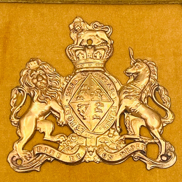 Vintage Framed English Brass Royal Coat of Arms in Burlwood Frame With Green Velvet Mat For Sale - Image 4 of 16