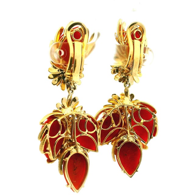 Orange 1960s Italian Sardinian Coral 18k Gold Floral Drop Earrings, Pair For Sale - Image 8 of 10