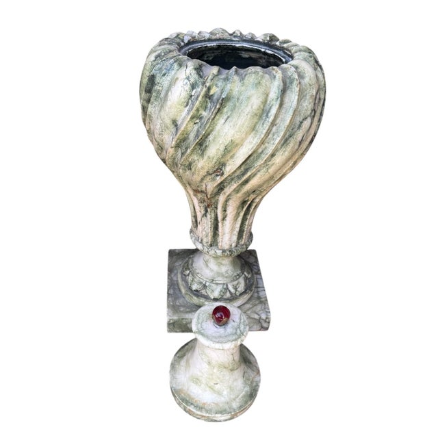 Antique Alabaster Urn With Carved Fluted Body & Red Glass Tipped Finial on Lid For Sale - Image 4 of 5