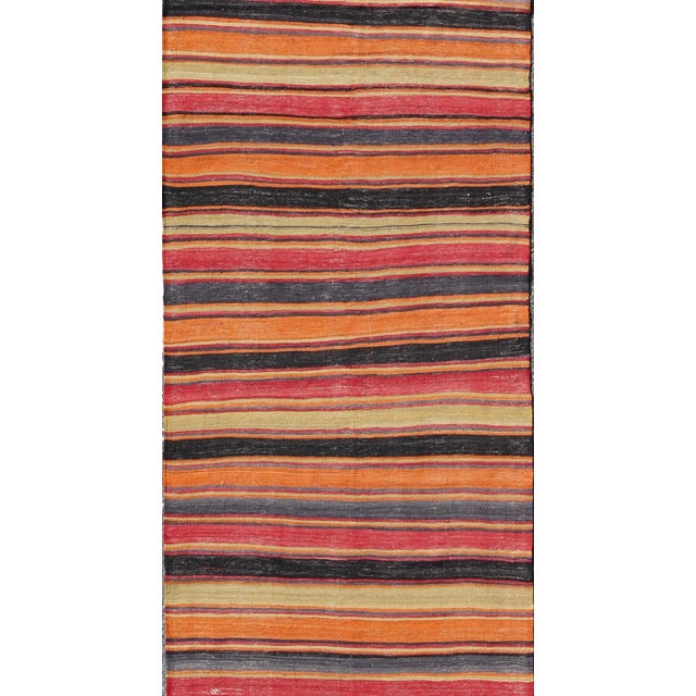 Mid-Century Modern Kilim Runner With Multicolor Horizontal Stripes in Red, Orange and Black 3'10 X 11'3 For Sale - Image 3 of 8