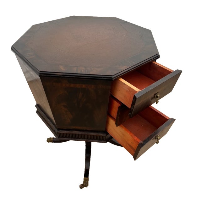 Victorian Antique Victorian Table Three Drawers Banded Mahogany Octagon Casters For Sale - Image 3 of 12