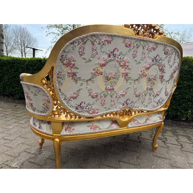 Gold 1970 French Louis XVI Gold Beech Damask Settee 1pc For Sale - Image 8 of 12