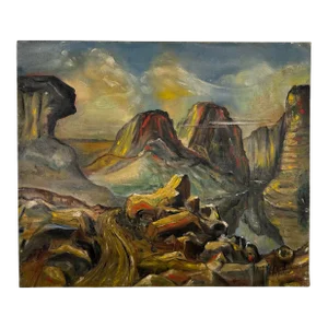 Abstract Landscape Painting Singed Ed Sherman 1947