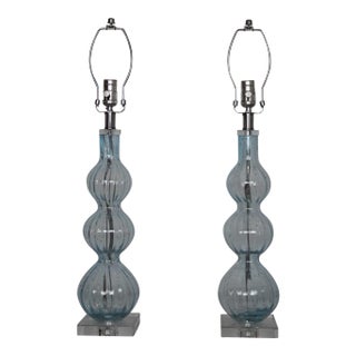 Mid 20th Century Vetri Style Soft Blue Murano Glass Lamps - A Pair For Sale